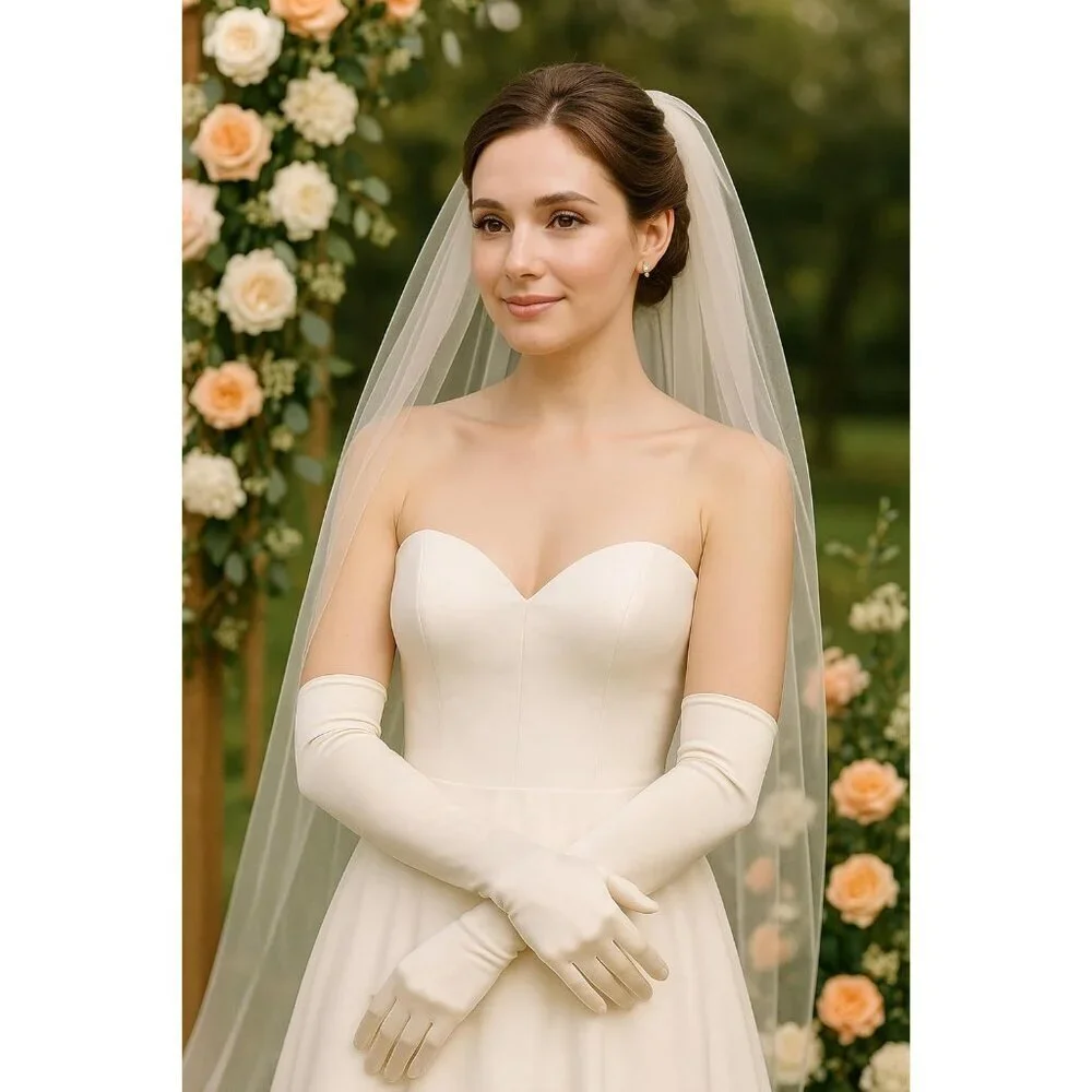Women's Champagne Vintage Satin Long Gloves Party Costume Stretchy Elbow Length